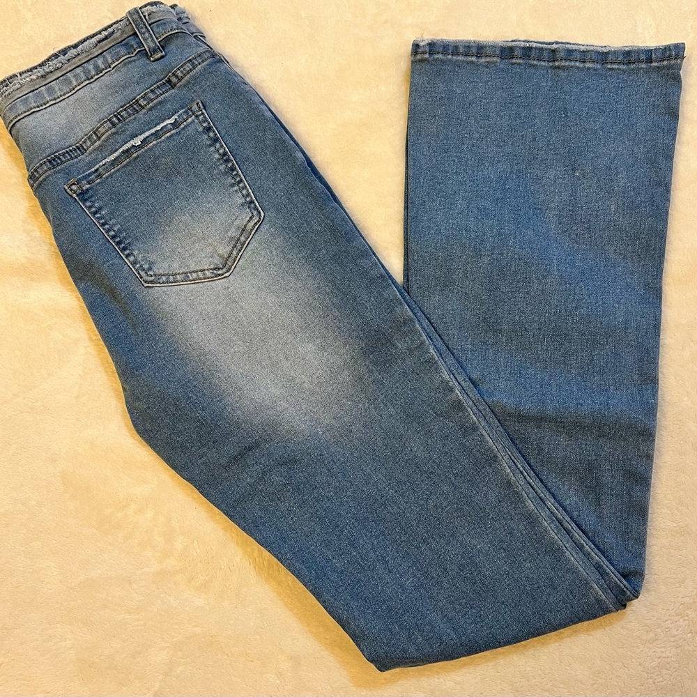 SHEIN Blue Distressed Flare Jeans Size Small, 30” Inseam Y2K Retro Boho Denim